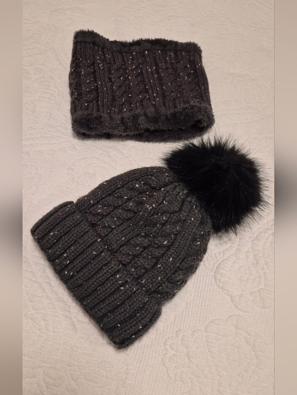 Chunky Knit Pom Beanie and Matching Neck Warmer - Dark Gray